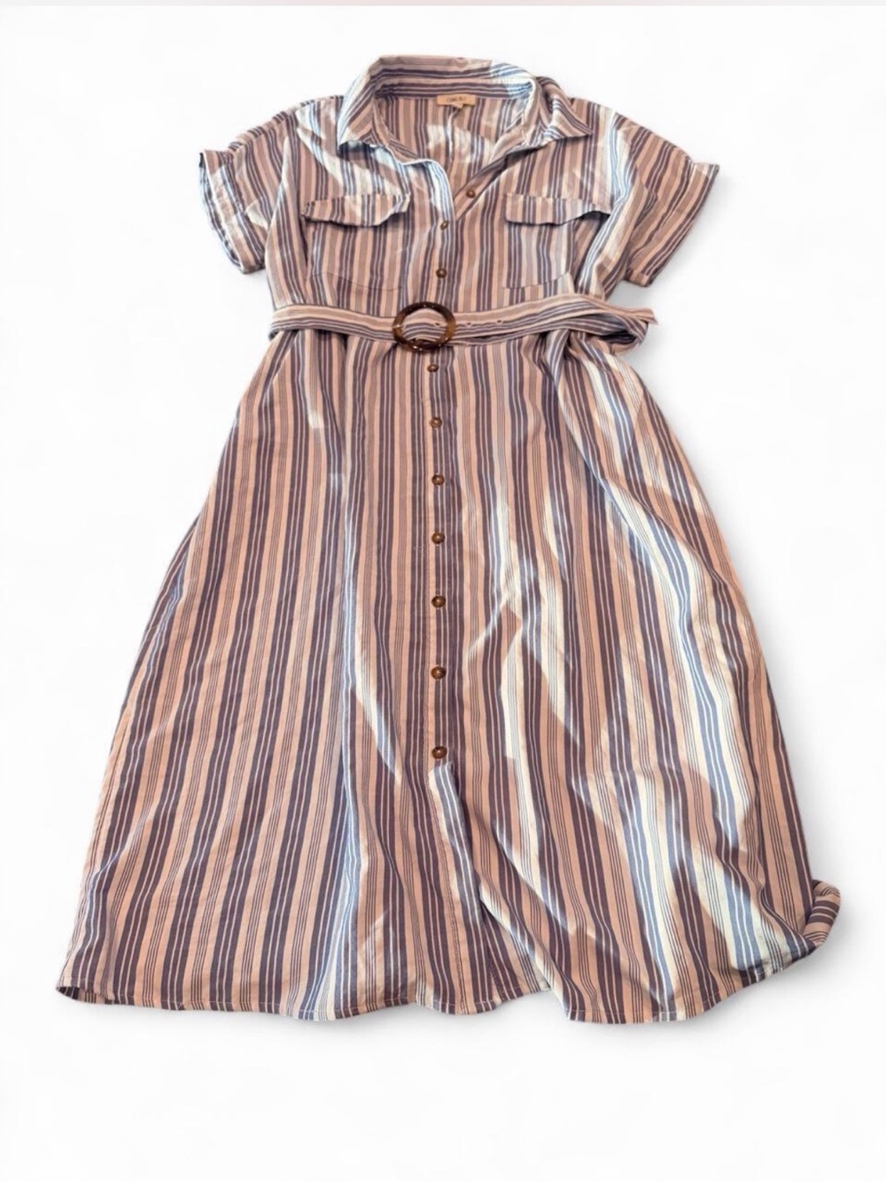 Striped Midi Shirt Dress with Belt Blue